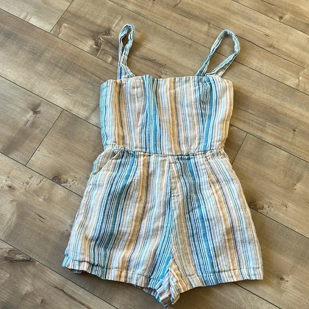 Reformation Island Linen Romper in Marbella Striped Multi Color Size 4